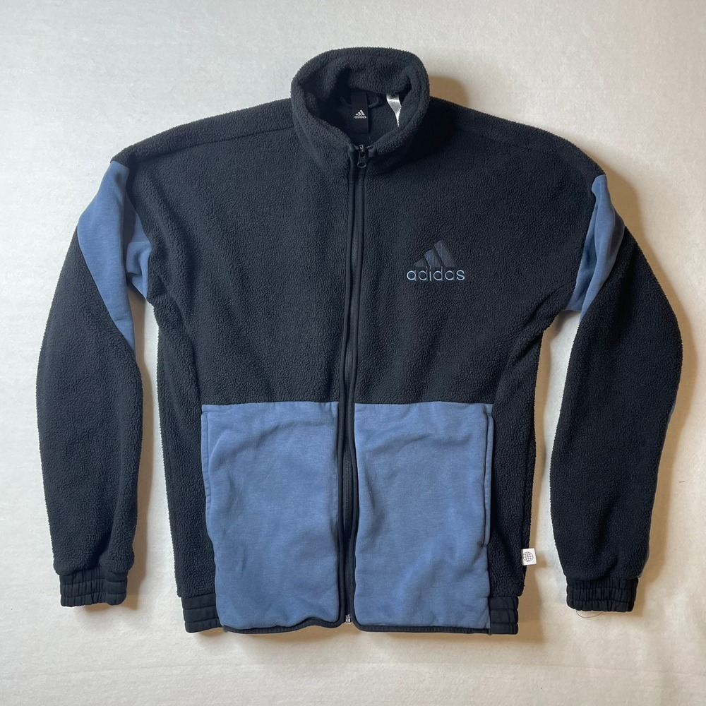 Adidas‎ Fleece Jacket Full Zip Black Blue Mens Size S Pullover END PLASTIC WASTE